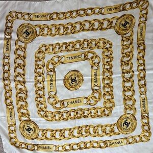 CHANEL White and Gold Chain Print Silk Scarf